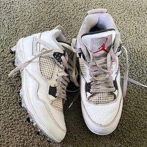 Jordan 4 Size 10 White Leather Football Cleats  with Red Jumpman on Tongue